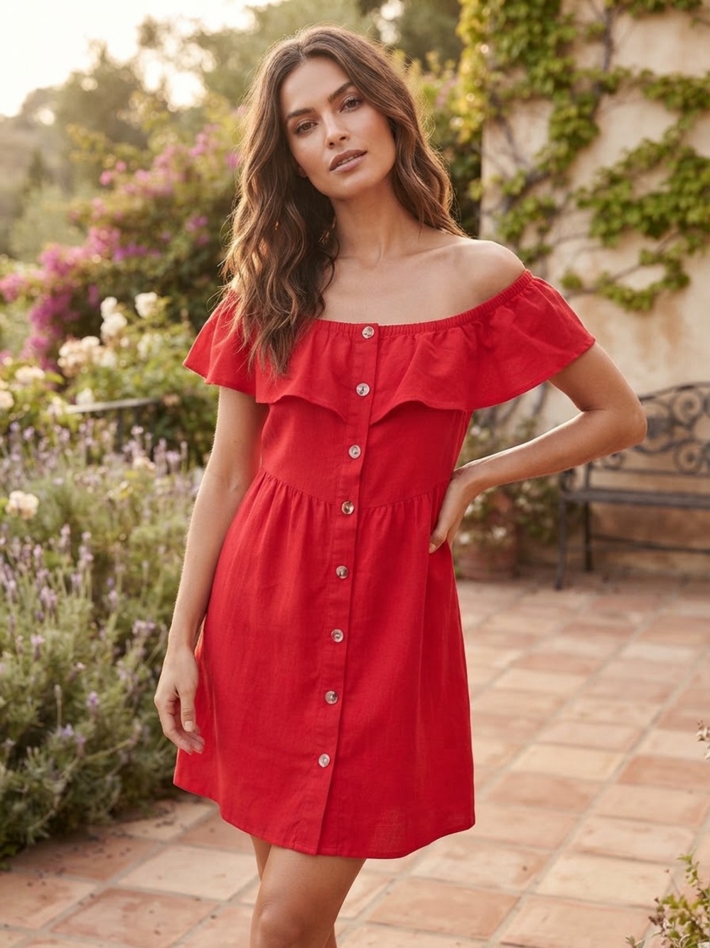 GB girls Red Off-Shoulder Ruffle Button-Front Dress
